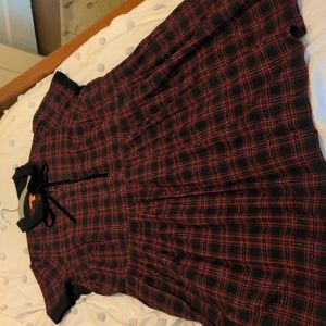 Black and red checked dress with velvet detachable neck bow